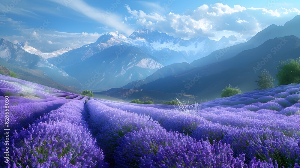 Obraz premium Serene Mountain Landscape with Vibrant Lavender Field and Snow Capped Peaks in the Distance Showcasing the Beauty of Nature