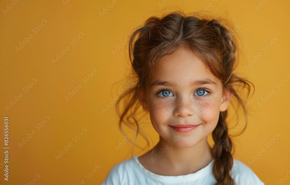 Joyful child with braided hair, beaming in white tee on vibrant yellow backdrop Joyful child with braided hair, beaming in white tee on vibrant yellow backdrop