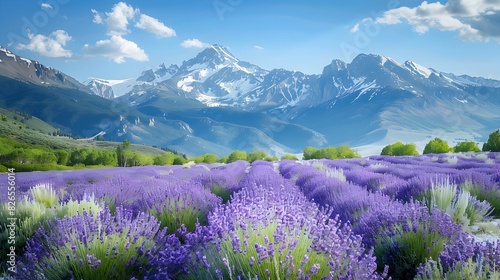 Peaceful Mountain Landscape with Lavender Field and Snow Capped Peaks © Thares2020