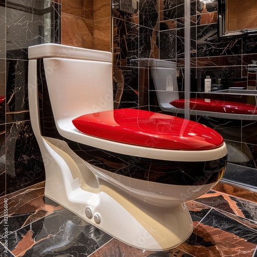 Red and white toilet in a bathroom