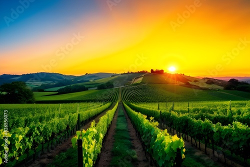 Wallpaper Mural Vivid Vineyard. Gorgeous Orange Sky over Green Vineyard  Torontodigital.ca