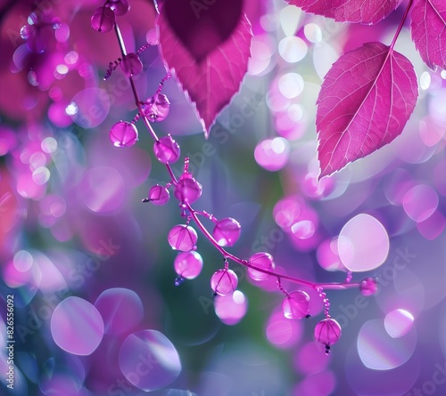 Pink beads hanging on vines purple background