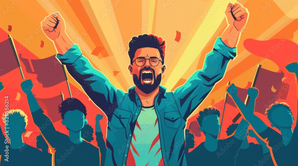 Triumphantly Leading the Team to Success - Joyful Leader with Raised Arms Energizing the Group in Victory Cheer Triumphantly Leading the Team to Success - Joyful Leader with Raised Arms Energizing the Group in Victory Cheer