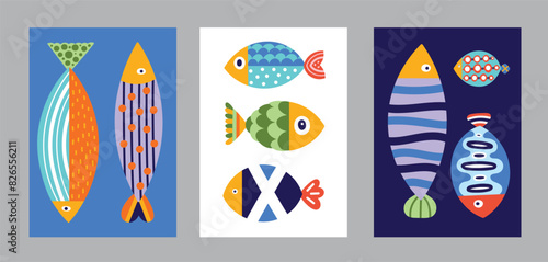 Poster with fish. Cute set. Vector illustration