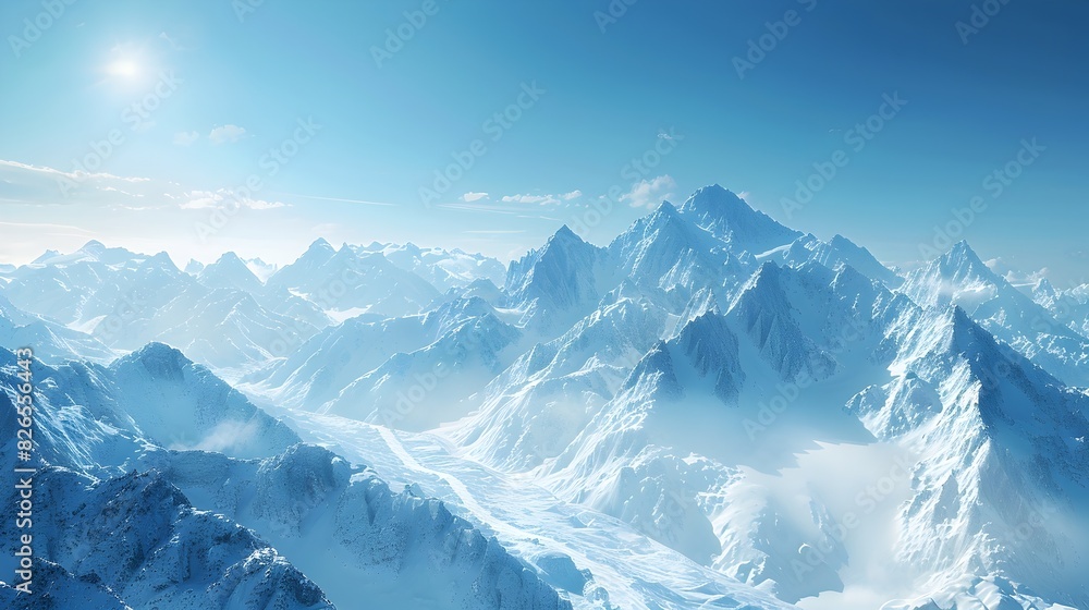 Fototapeta premium Majestic Snow Capped Mountain Range with Winding Glacier and Clear Blue Sky Showcasing the Awe Inspiring Power and Natural Serenity of the Untamed