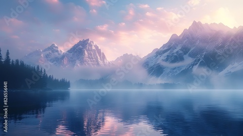 Serene Mountainous Landscape at Enchanting Dawn Reflecting in Tranquil Alpine Lake