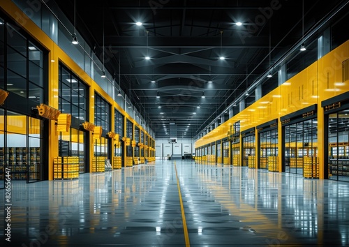 A large warehouse with striking yellow and black walls