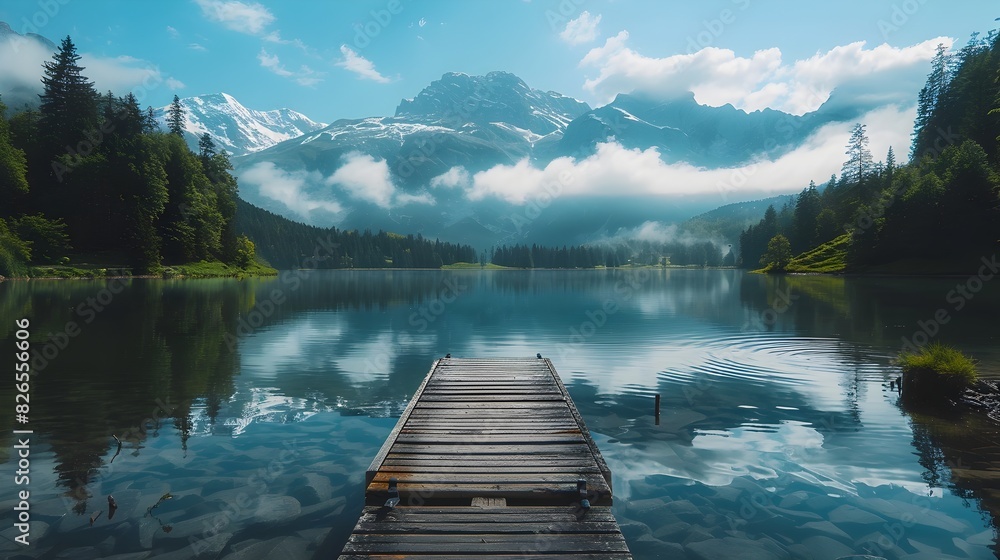 Tranquil Mountain Lake with Wooden Dock and Majestic Reflection Showcasing the Peaceful Beauty of Nature Tranquil Mountain Lake with Wooden Dock and Majestic Reflection Showcasing the Peaceful Beauty of Nature