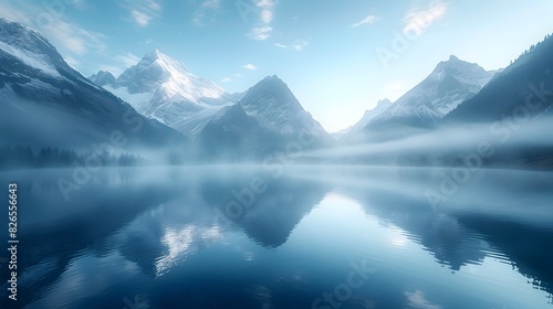 Tranquil Mountain Lake at Dawn Reflecting Mist Shrouded Peaks and First Light of Day Illustrating the Peacefulness of Nature