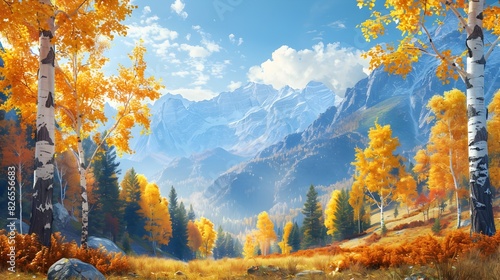 Vibrant Autumn Wonderland in the Mountainous Landscape with Golden Aspens Clear Blue Sky and Rocky Peaks photo