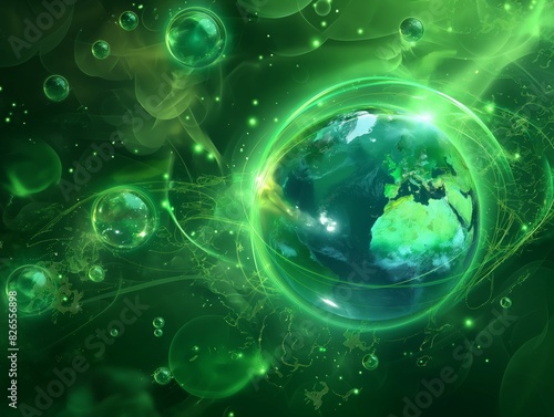 A vibrant green depiction of Earth surrounded by glowing orbs and energy lines, symbolizing sustainability and green energy.
