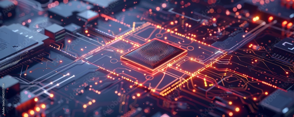 Obraz premium Design a futuristic quantum computing chip, featuring complex circuitry and glowing elements, rendered in a sleek digital style