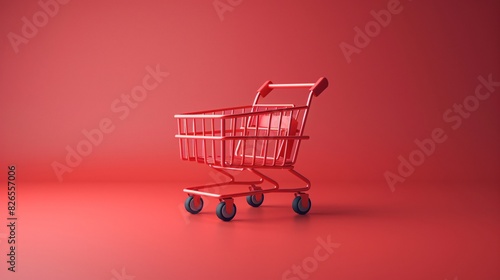 Red shopping cart against a matching red background, symbolizing retail and consumerism. Perfect for business and marketing themes.