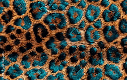 Stylized leopard print pattern featuring striking teal accents on a classic golden brown background. photo