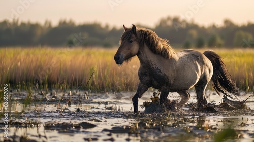 Konik horse moving through wet land consisting of mud and water within a reedy marsh photo
