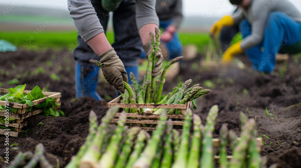 Naklejka premium Close-up image of a farmer's hands with gloves picking fresh green asparagus and placing it into a wooden crate, showcasing the farming process