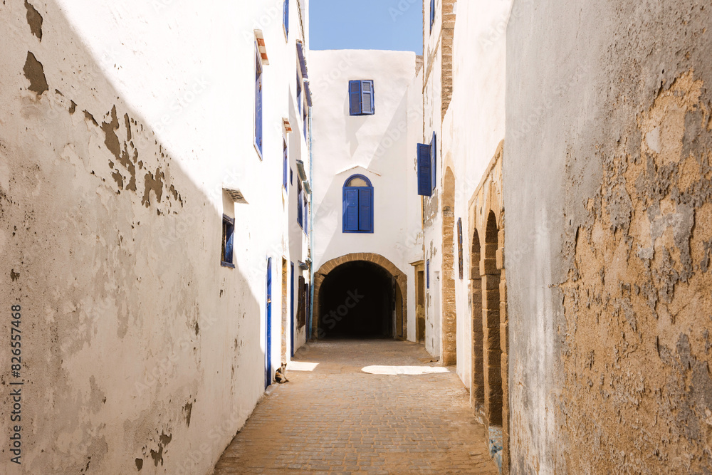 Obraz premium street in the ancient historical Medina, traditional white buildings with blue shutters, Essaouira, Morocco, Africa, cultural travel destination, Unesco World Heritage