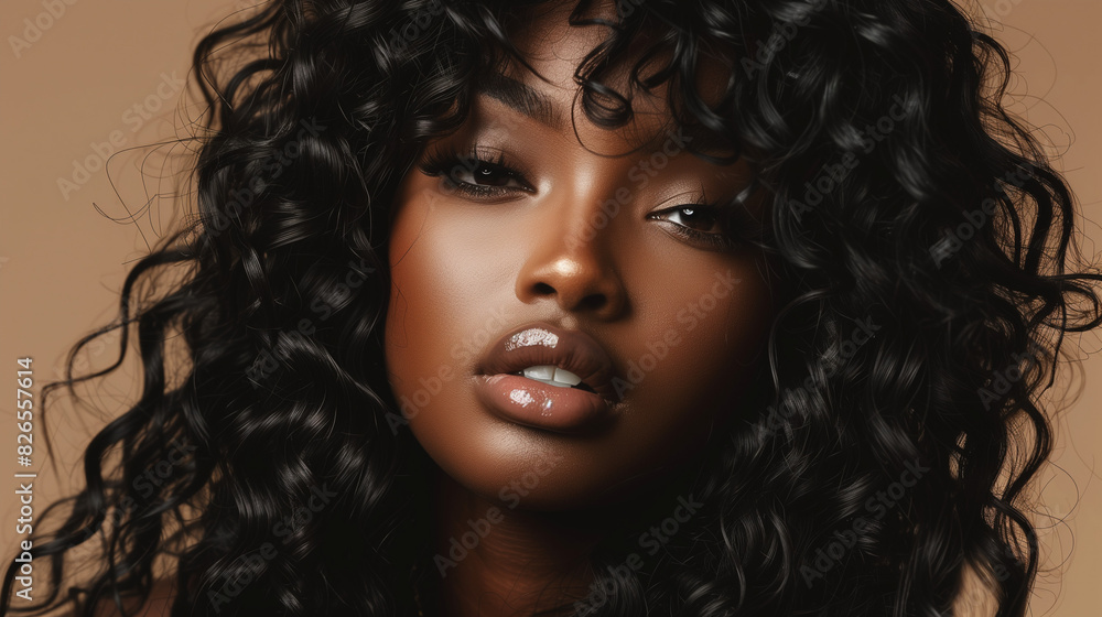 Black Woman Portrait with Curly Hair and Make Up and Amazing Hairstyle