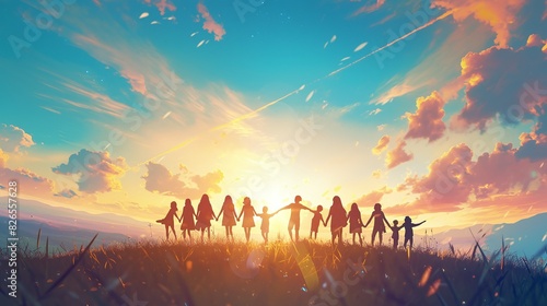 silhouette illustration of a group of people holding hands facing back at sunrise, friendship day