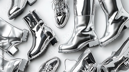 Eye-catching metallic silver boots arranged fashionably on a white surface, exuding modernity and edgy sophistication in footwear choice. photo