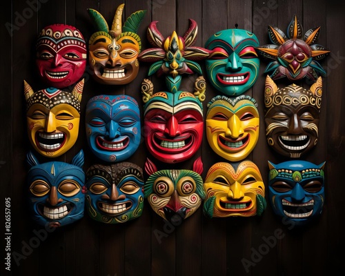 Traditional festival masks on display  representing cultural heritage focus on  theme of artistry  dynamic  manipulation  museum backdrop