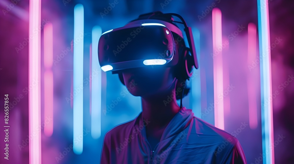Captivating Virtual Reality Gaming Experience in Futuristic Neon Lit Environment Captivating Virtual Reality Gaming Experience in Futuristic Neon Lit Environment