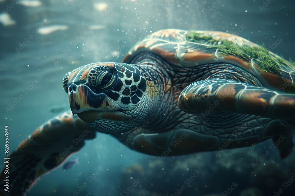Fototapeta premium Illustrate the majestic grace of a sea turtle swimming gracefully in a photorealistic, CG 3D rendering Bring out the intricate details of its shell and wise eyes