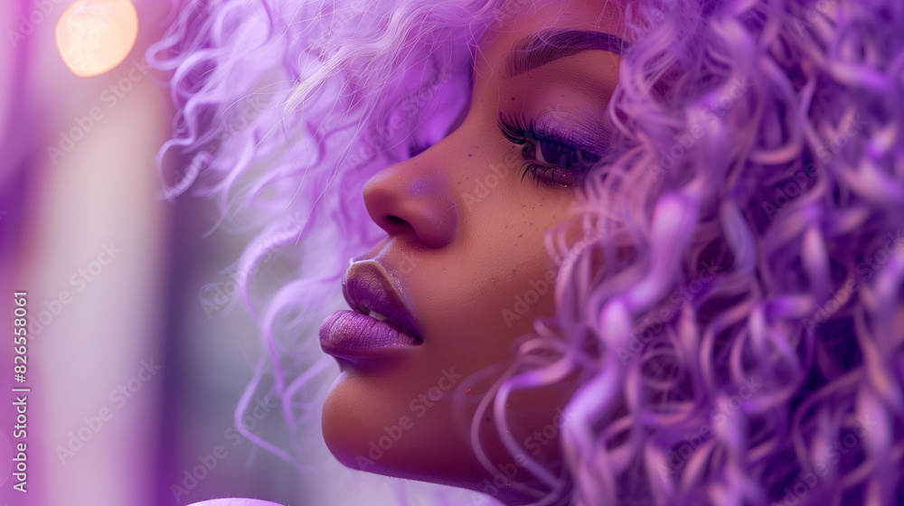 Black Woman with Make Up and Lilac Hair Style