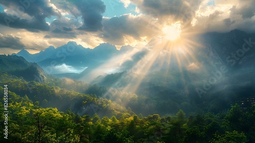 Majestic Mountain Landscape with Dramatic Sky and Sunlight Illuminating Dense Forest