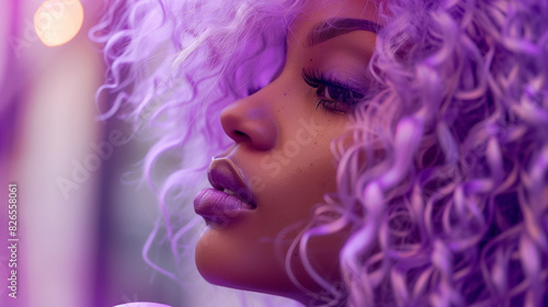 Black Woman with Make Up and Lilac Hair Style
