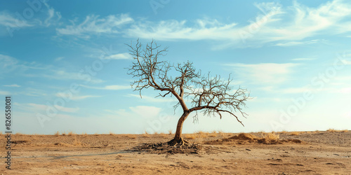 Abnormal heat, drought. A lone withered tree standing against a barren landscape, with bare branches and withered leaves, symbolizes the harsh effects of drought. photo