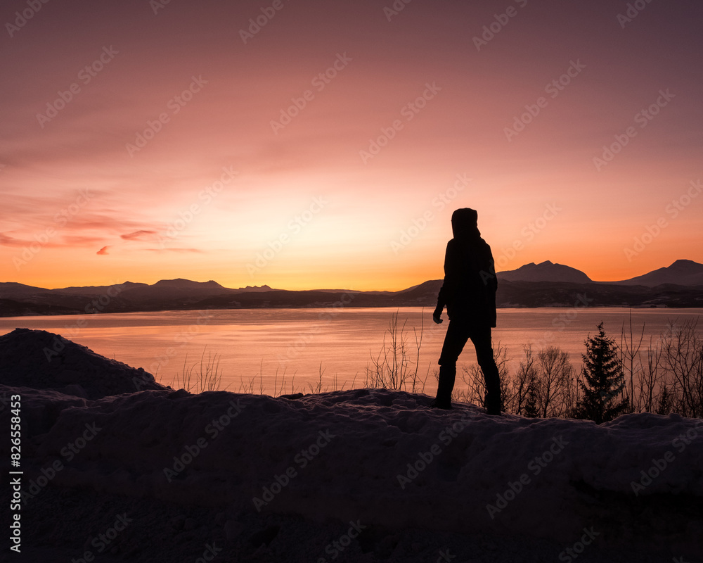 Fototapeta premium Silhouette of a man at sunset over the Norwegian Fjords