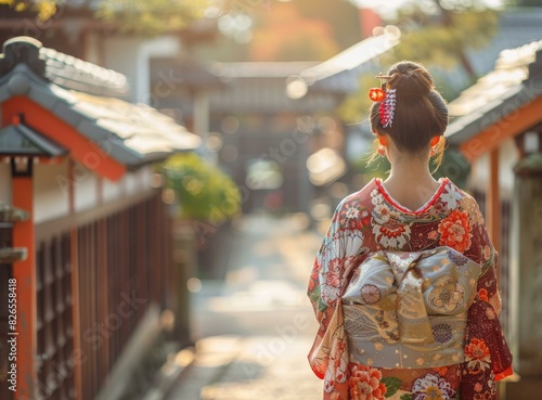 A woman wearing a kimono is walking down a street in Japan