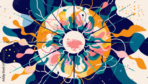 Vibrant Abstract Artwork with Dynamic Shapes and Splatter Patterns
