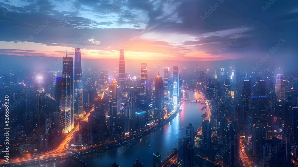 Futuristic Smart City Skyline Glimmering at Dusk with Advanced Transportation and Innovative Urban Development Futuristic Smart City Skyline Glimmering at Dusk with Advanced Transportation and Innovative Urban Development