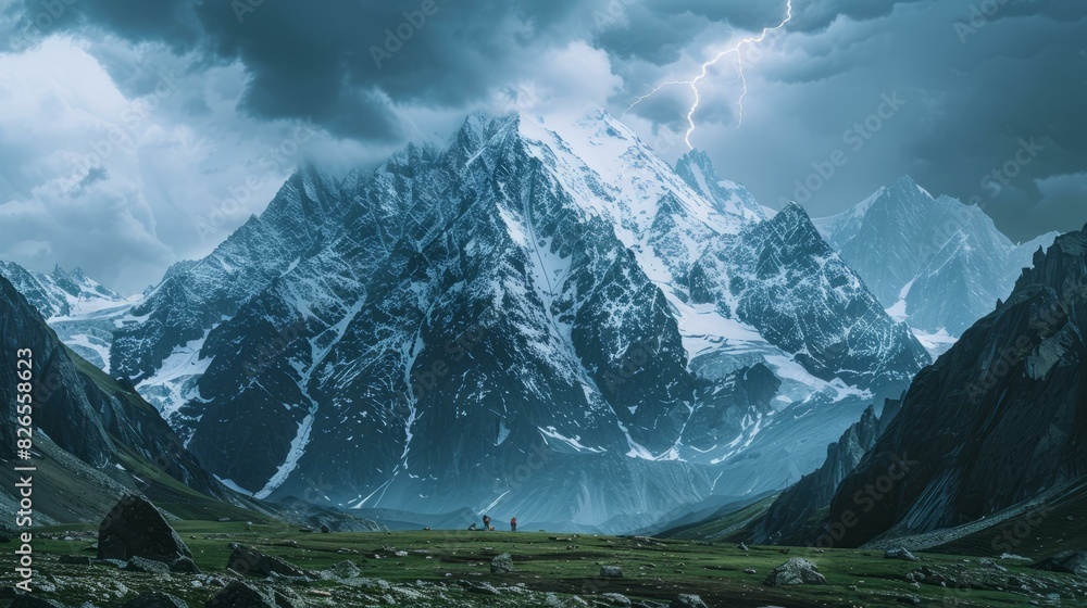 Fototapeta premium Two people standing in front of a snow-capped mountain during a lightning storm