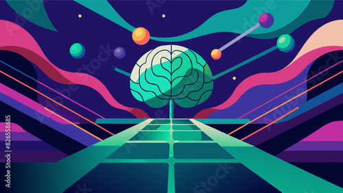Colorful Digital Brain on Abstract Cosmic Background with Planets