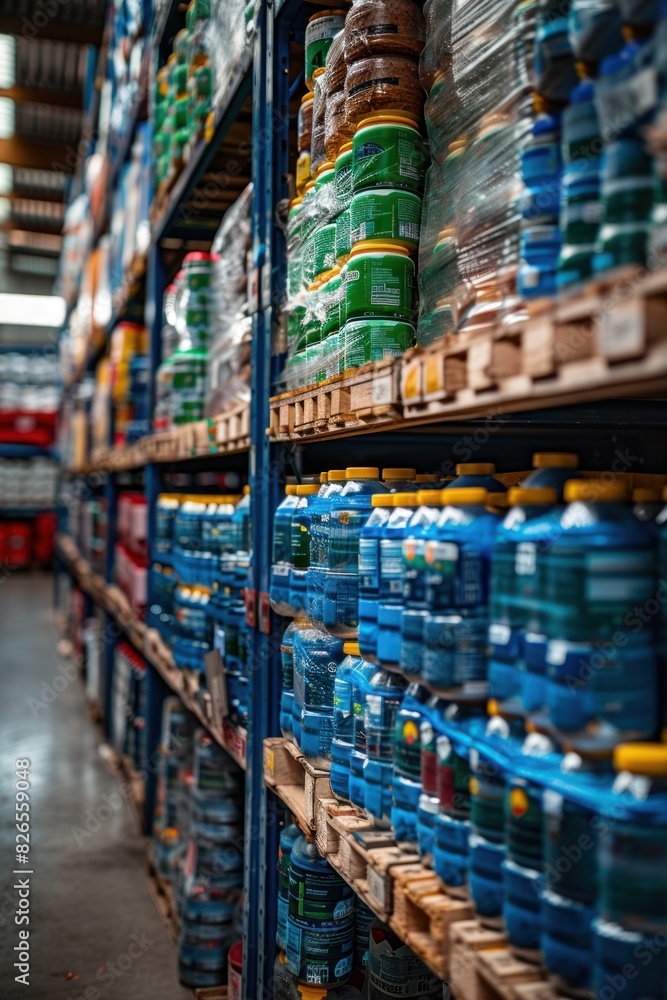 A warehouse stacked with numerous bottles of water A warehouse stacked with numerous bottles of water