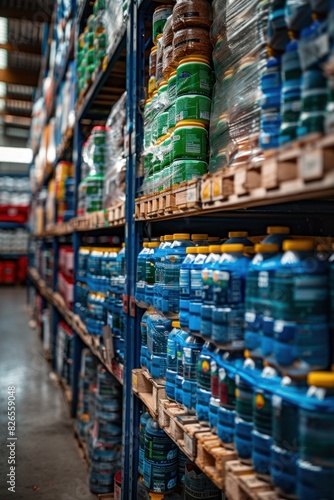A warehouse stacked with numerous bottles of water