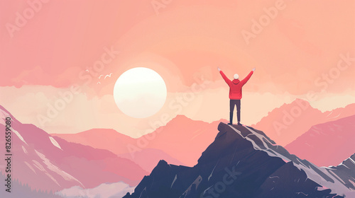 Positive man celebrating on mountain top, with arms raised up, Generative AI illustration