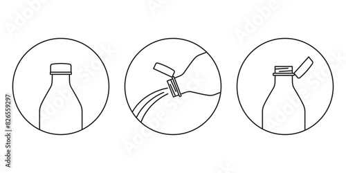 New tethered caps in EU. Bottle cap icon. Editable stroke. Vector illustration. New cap attached to plastic bottle, connected to the neck of the bottle by solid tab attached to safety ring. 