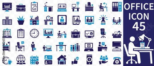 Office icon set. Containing briefcase, desk, computer, meeting, employee, schedule and co-worker symbol. Solid workspace icons vector collection.