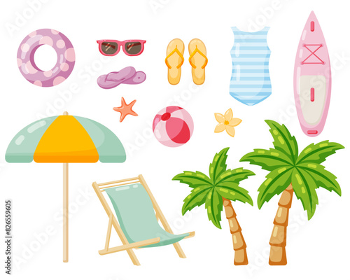 Summer vacation tropical beach set. Set of isolated elements on white background. Sunbed with umbrella, palm trees, sup board, sunglasses and swimming suit. Flat style vector illustration.