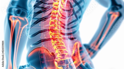 Close-up of a person lower back in pain, overlaid with a red hologram outline and bone pain chart