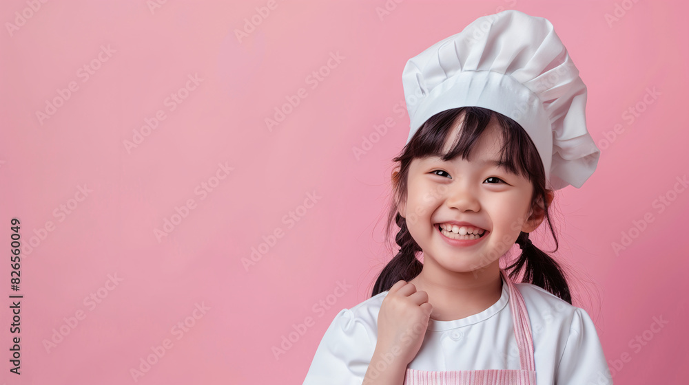 A cute happy smiling young Asian girl dresses like a chef on a plain pink background with copy space for text. A cute happy smiling young Asian girl dresses like a chef on a plain pink background with copy space for text.