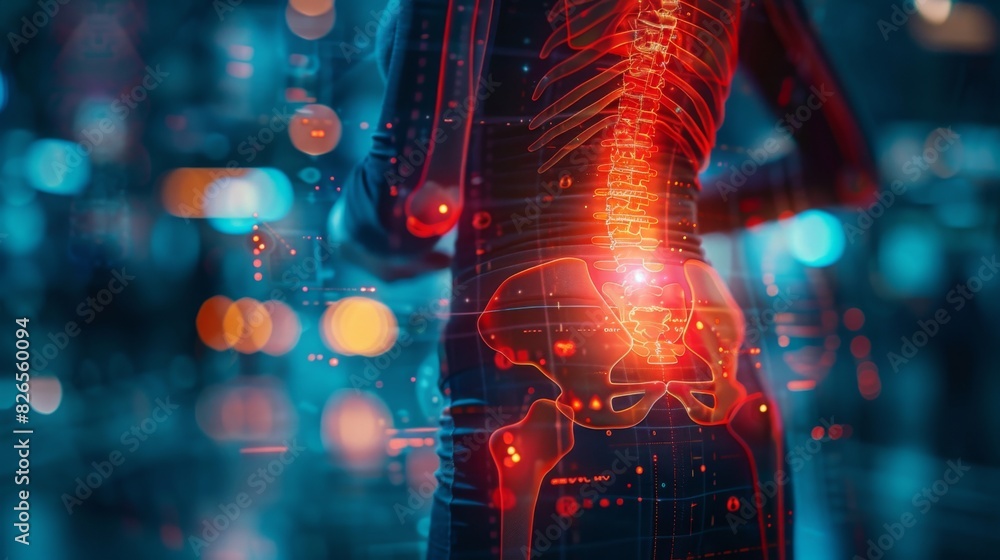 Close-up of a person lower back in pain, overlaid with a red hologram outline and bone pain chart Close-up of a person lower back in pain, overlaid with a red hologram outline and bone pain chart