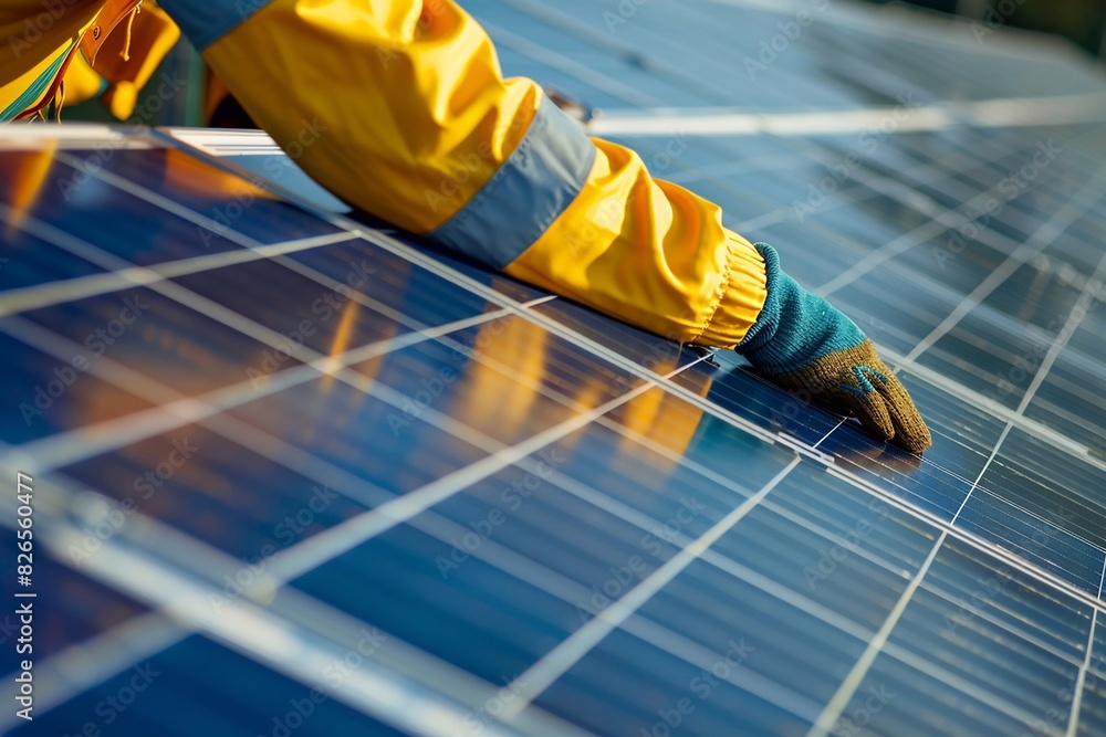Technician checking the connections of a solar panel array, industrial background, clean energy maintenance Technician checking the connections of a solar panel array, industrial background, clean energy maintenance