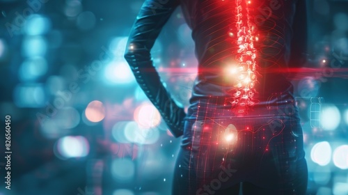 Close-up of a person lower back in pain, overlaid with a red hologram outline and bone pain chart