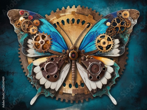 Steampunk Butterfly Illustration with Mechanical Gears for Art Prints and Posters