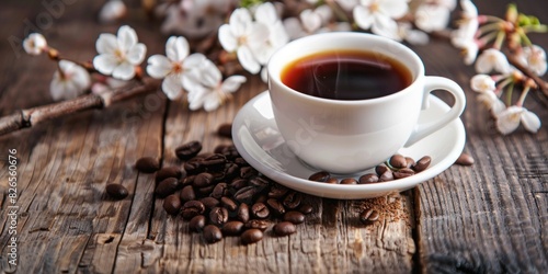 Cup of Coffee with Beans and Blossoms on Wooden Table